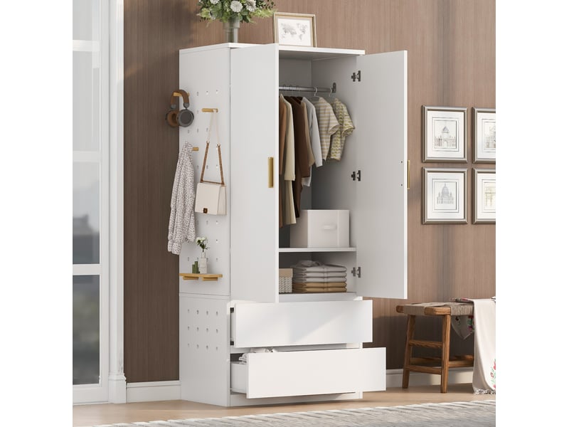  Armoire avec penderie, 2 tiroirs et rangements dissimulés, panneau perforé pour chambre, blanche, 70 × 50 × 170 cm  - Conforama D