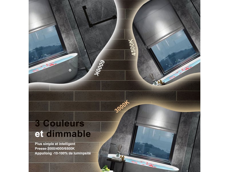  Aica miroir salle de bain led 140x80cm, en forme de nuage, anti-buée, 3 tons et gradable  - Conforama C