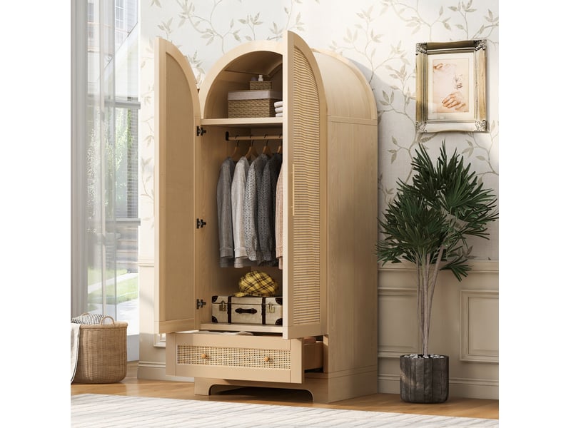  Armoire 2 portes 70x55x170 cm, façades effet rotin, coloris bois  - Conforama B