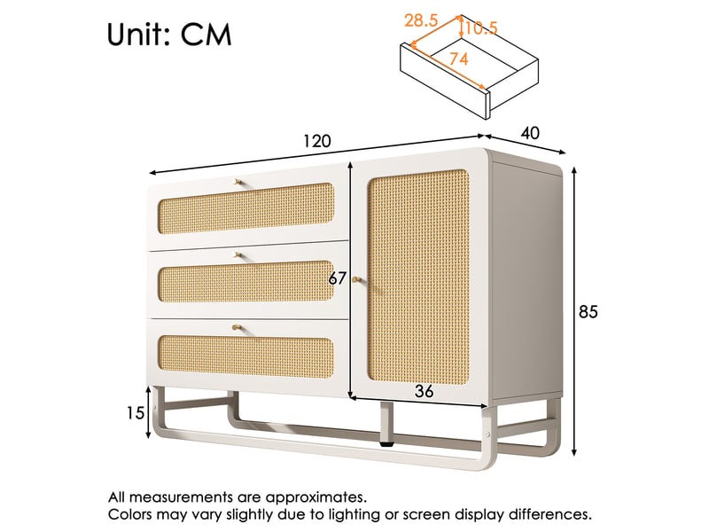  Commode 120x40x85 cm blanche mdf et métal, 3 tiroirs, porte avec étagères réglables et kit anti-basculement  - Conforama C