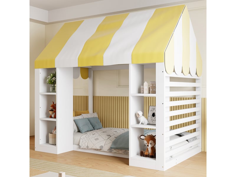  Lit enfant 90 × 200 cm 1 place avec 2 rangements ouverts et ciel de lit, sans matelas, blanc  - Conforama C