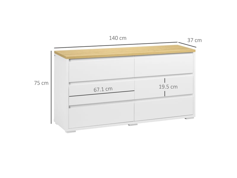  Commode à 6 tiroirs en panneaux de particules blancs pour chambre, bureau et salon, 140 x 37 x 75 cm  - Conforama E
