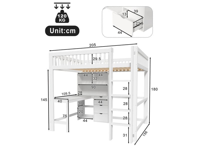  Lit mezzanine enfant 140x200 cm avec bureau, 3 tiroirs, échelle, blanc  - Conforama C