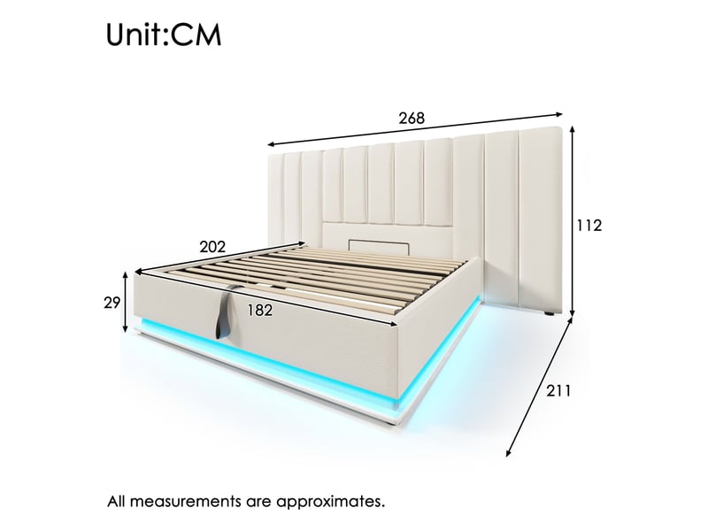  Lit coffre 180×200cm, blanc, bois, métal, pu, espace de rangement, led intégré 360°, tête de lit, charge, lit adulte, lit 2 places  - Conforama C