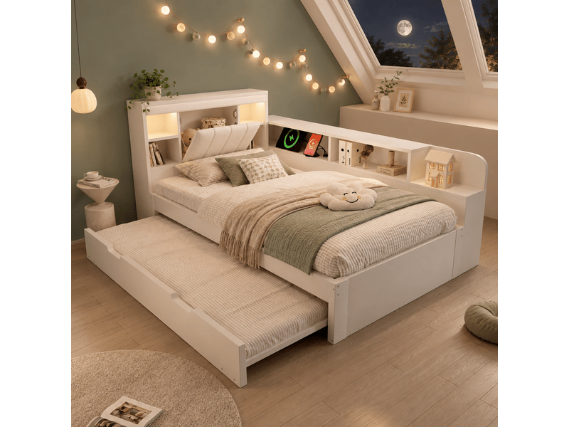  Lit banquette gigogne 90x200cm avec sommier à lattes, liseuses, ports usb, tête de lit en pu et étagères, cadre en bois, sans matelas, blanc evarich - Conforama B