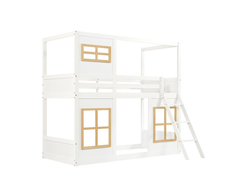  Lit superposé enfant en pin et mdf blanc ou naturel 90x200cm avec fenêtres, échelle stable et quatre côtés  - Conforama A