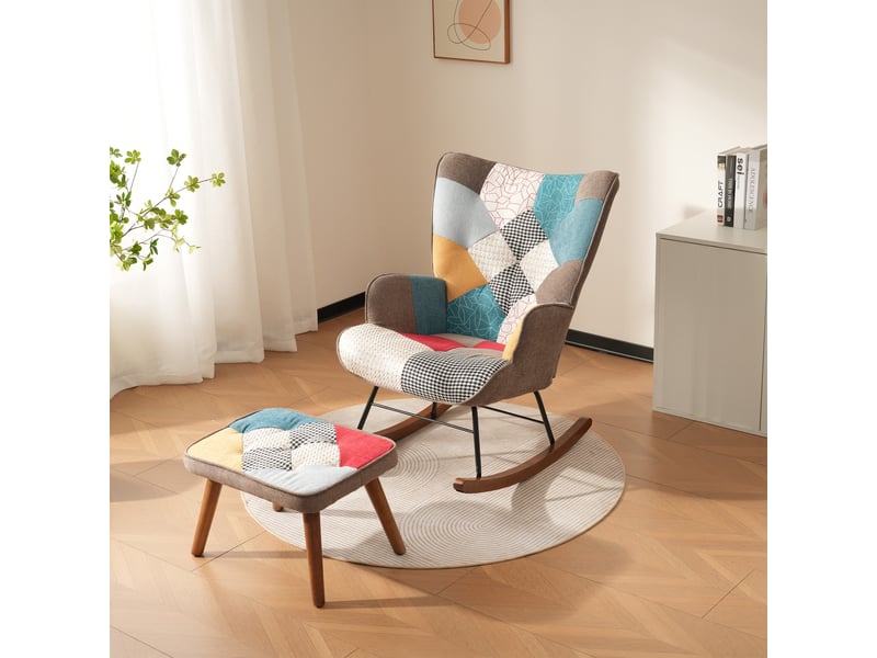  Fauteuil à bascule avec repose-pieds fauteuil de relaxation scandinave rembourré fauteuil de lecture salon pieds en bois  - Conforama D