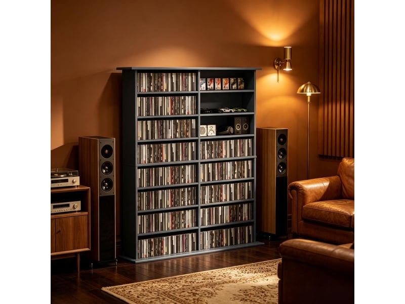  Meuble de rangement cd et dvd 106.5x24x126.3 cm à tablettes réglables en panneaux de particules gris  - Conforama C