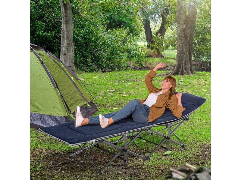  Bain de soleil 188 x 64 x 53 cm pliable coussin de tête poche latérale charge maximale 150 kg tissu oxford bleu foncé et gris  - Conforama A