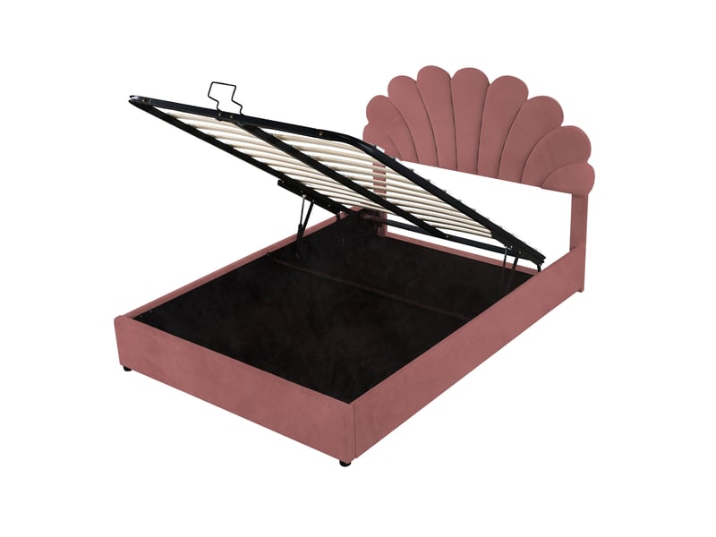Lit enfant 140x200cm, lit coffre, lit double avec tête de lit et sommier, velours rose, sans matelas - Conforama A