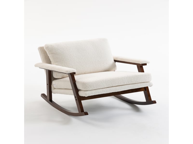  Fauteuil à bascule mid-century avec structure en bois, fauteuil de salon rembourré et coussin lombaire, 83x73x80 cm  - Conforama A