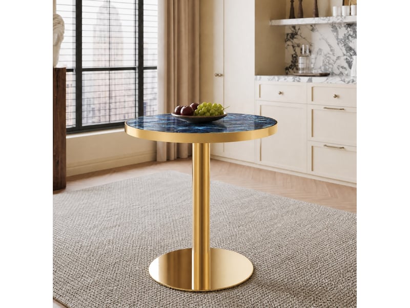  Table d’appoint ronde 60 cm effet marbre bleu, métal doré, hauteur 74 cm  - Conforama E