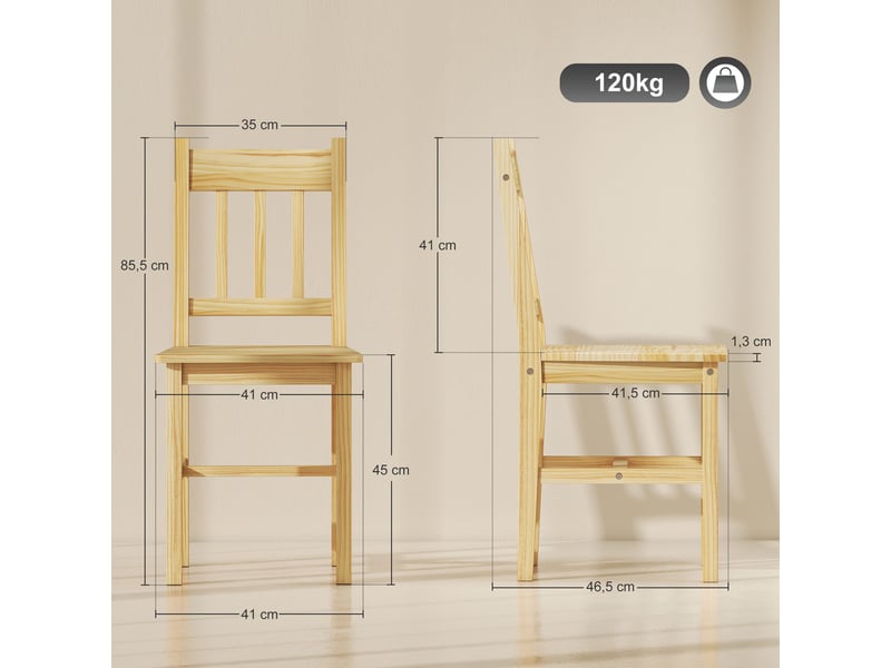  Ensemble de 2 chaises de salle à manger en bois naturel, chaises de cuisine avec dossier à lattes, assise large, bois naturel  - Conforama E