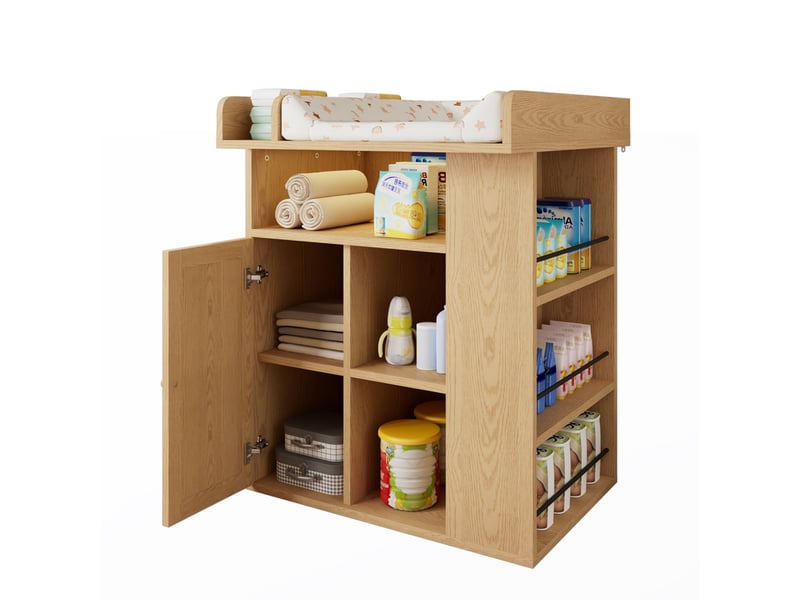  Table à langer - avec 1 porte - avec éclairage led réglable - grand espace de rangement et espace de rangement latéral - naturel  - Conforama A