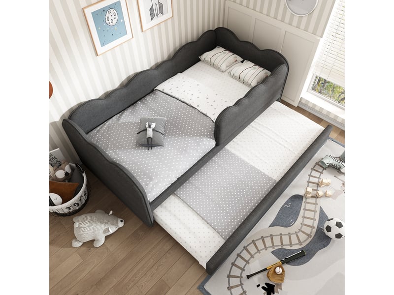  Lit gigogne enfant 90x190 cm avec lit coulissant, banquette lit en lin avec barrière amovible et 2 couchages, lit gain de place gris (sans matelas)  - Conforama D