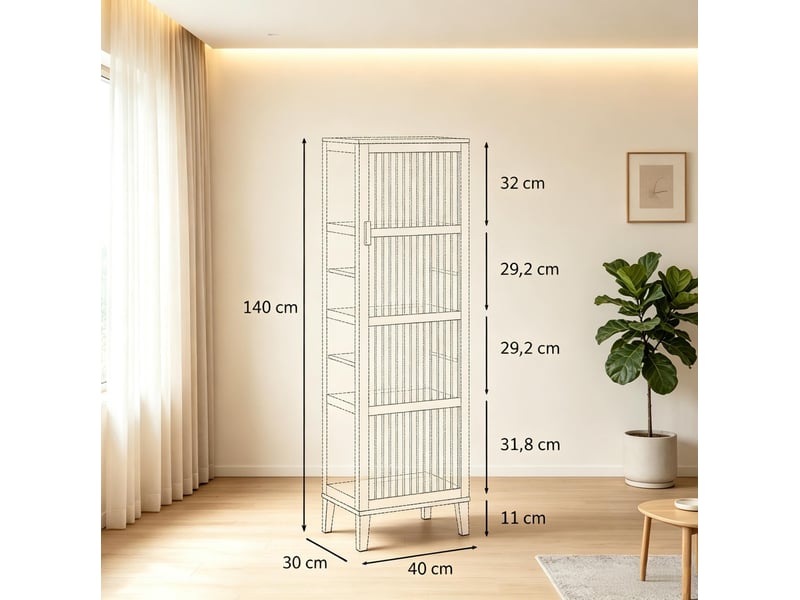  Armoire de rangement haute avec porte à lamelles et 4 étagères en bambou naturel pour salle de bain 40 × 30 × 140 cm  - Conforama C