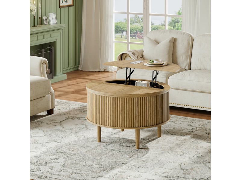  Table basse ronde 80 cm en panneau de particules bois clair, plateau relevable avec rangement dissimulé pour salon  - Conforama B