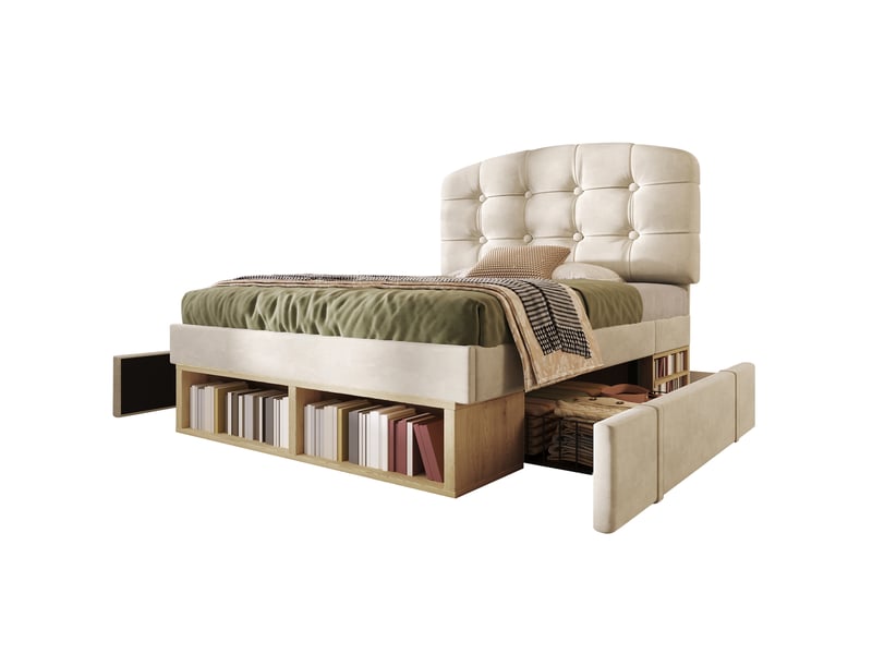 Lit avec rangement 90x200 cm avec tiroirs et sommier à lattes beige - Conforama A