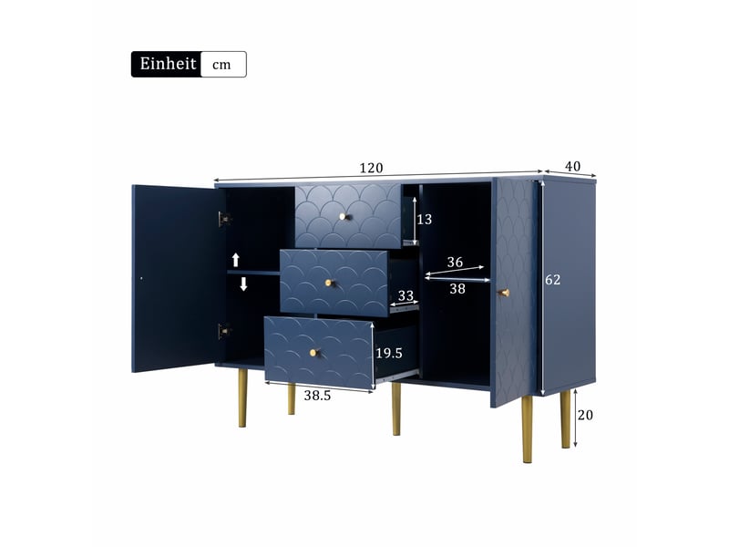 Buffet 2 portes et 3 tiroirs en panneau de particules et métal bleu marine 120x40x83 cm AB20886566B - Conforama C