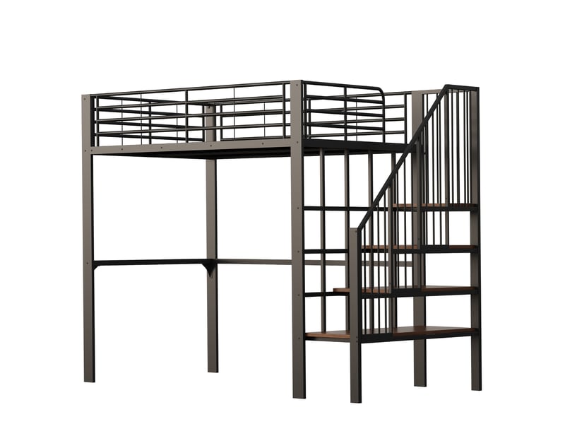  Lit mezzanine 140x200 cm - structure en métal, escalier intégré, grand espace de rangement sous le lit - noir  - Conforama W