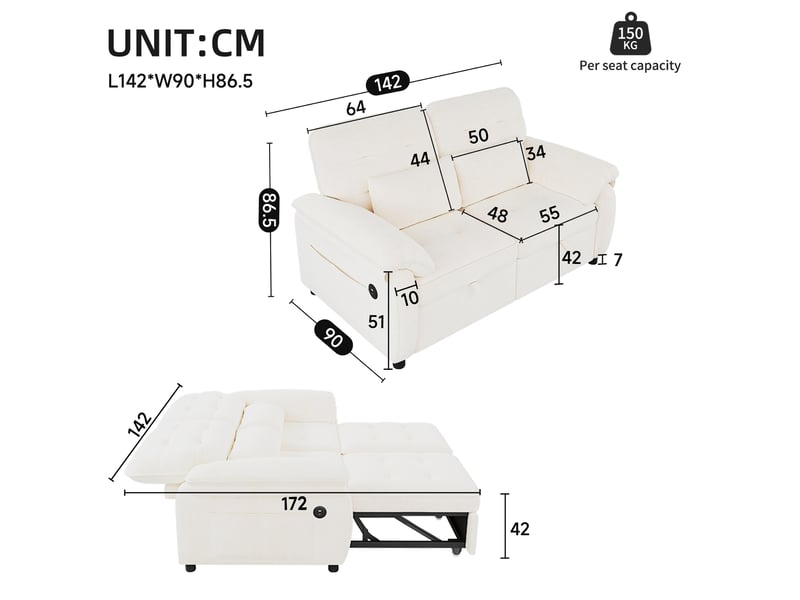  Canapé-lit 3-en-1 2 places 142x90 cm – beige – couchage double, dossier réglable et ports usbusb-c  - Conforama C