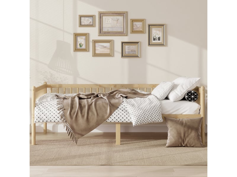 Lit banquette 90x200 cm en pin naturel avec barrières 3 côtés et 14 lattes - Conforama B