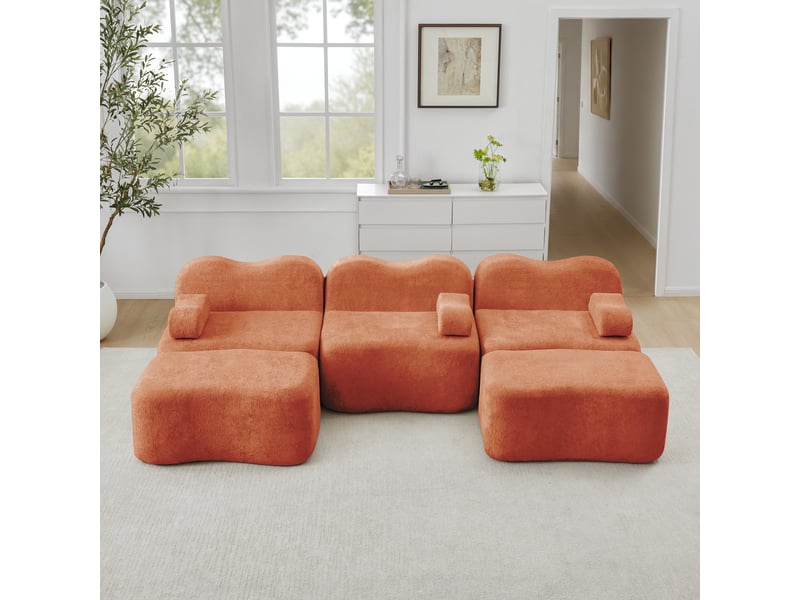 Canapé panoramique en u modulaire avec assise profonde et ottomans, en velours orange - Conforama B