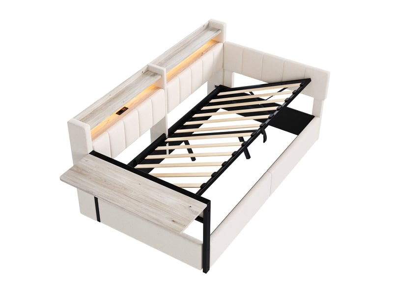 Lit de repos capitonné 90x200cm avec led,usb,rangement hydraulique,tablette rabattable,tables de chevet,velours,sans matelas,blanc - Conforama A