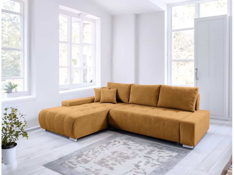 Canapé d'angle convertible velutti l velours côtelé poso jaune, méridienne gauche avec coffre - Conforama B