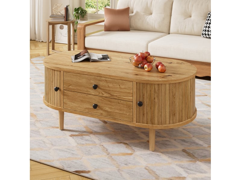  Table salon rangement basse compacte 100 cm 50 cm mdf chene portes coulissantes homvra  - Conforama D