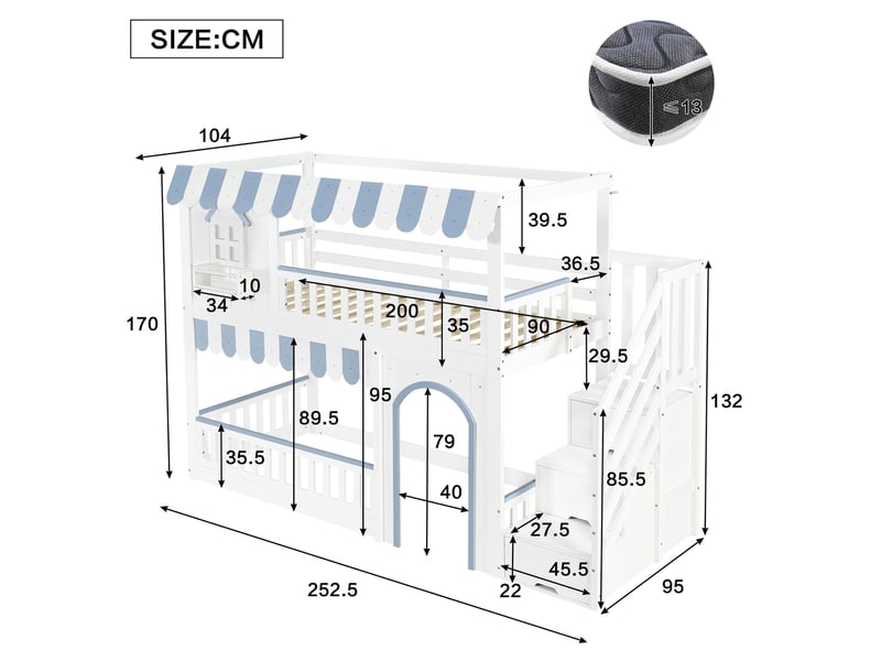  Lit superposé enfant 90x200cm, lit avec rangement, escalier et fenêtres décoratives, mdf, blanc et bleu sans matelas  - Conforama C