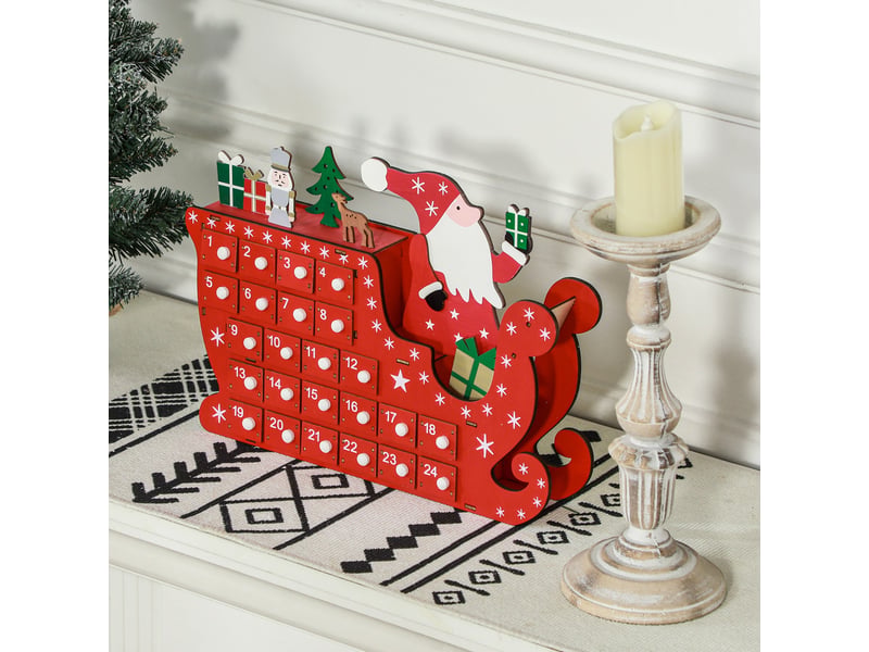  Calendrier de l'avent à remplir en bois, décoration de noël avec 24 tiroirs, père noël et traîneau, rouge, 22,5x8x36cm  - Conforama R