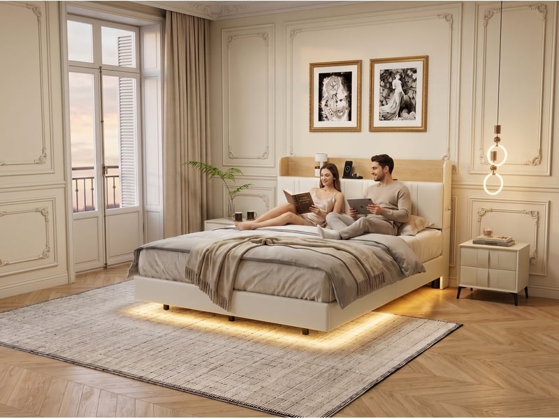  Lit 2 places 140x200 cm effet flottant avec led – cuir pu, tête de lit avec rangement et sommier à lattes  - Conforama E