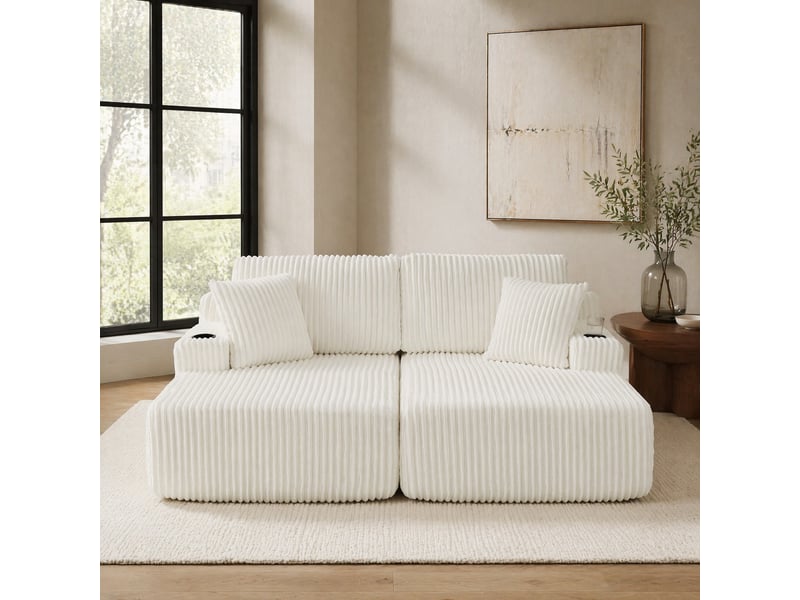  Canapé convertible 2 places avec porte-gobelet et poche latérale  - coussins amovibles, velours côtelé beige  - Conforama C