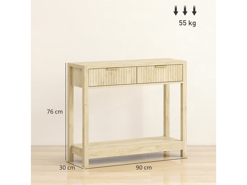  Console meuble 90 cm, table console étroite avec 2 tiroirs rainurés et étagère, style moderne, bois naturel  - Conforama E