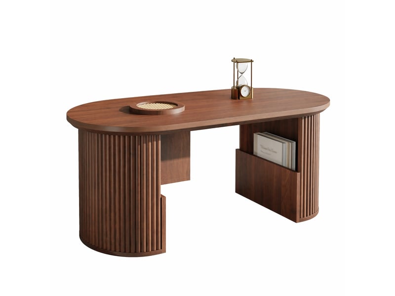  Table basse ovale avec rangements intégrés et étagères ouvertes - lpospi - texture verticale, mdf noyer, 105 × 50 × 46,5 cm  - Conforama A