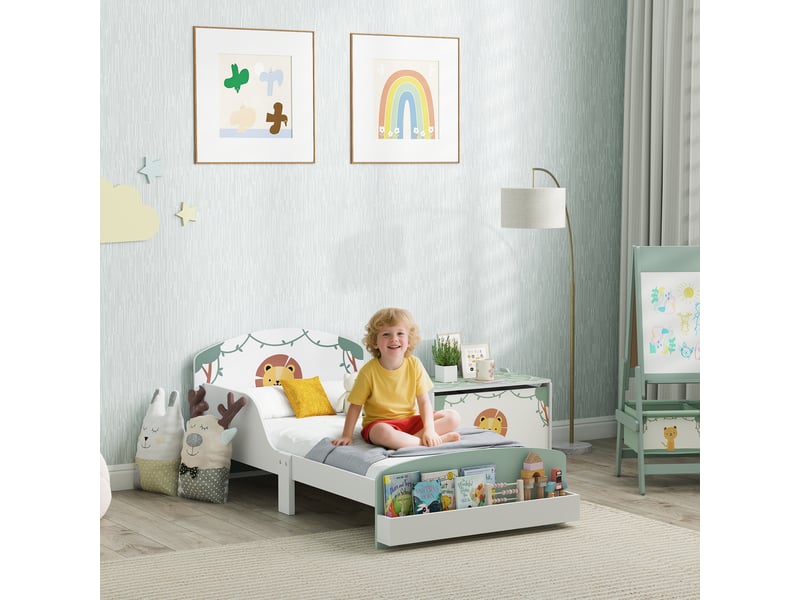  Lit enfant 70 x 140 cm, lit pour enfant avec barriere de securite et sommier à lattes, espace de rangement, vert  - Conforama A