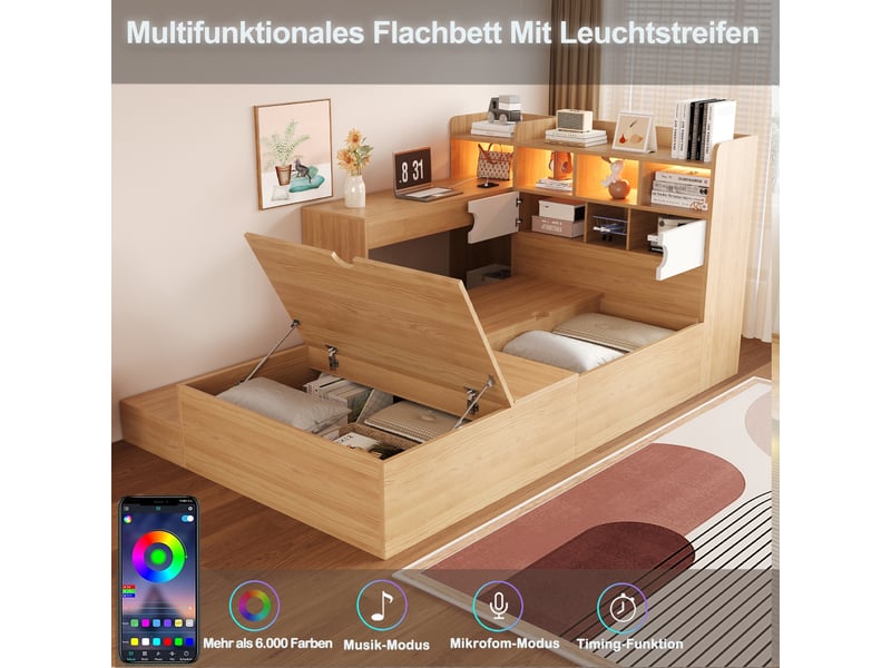  Lit au sol enfant 90x200 cm, lit enfant, ouverture hydraulique, tête de lit avec rangement, bureau intégré, éclairage led, mdf naturel et blanc CozyNest - Conforama E