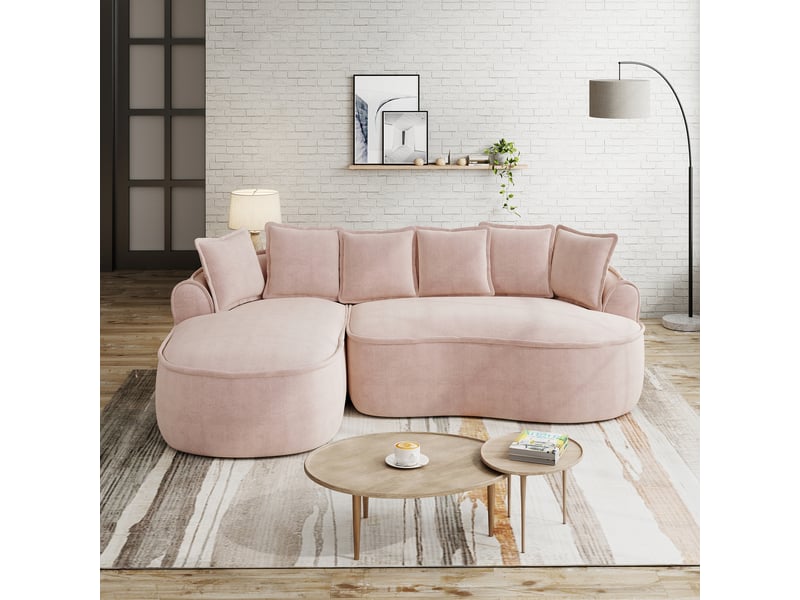 Canapé d'angle, canapé cloud; en tissu chenille, avec méridienne, sans montage, sans cadre, coussins inclus, assise profonde, rose, style cloud - Conforama R