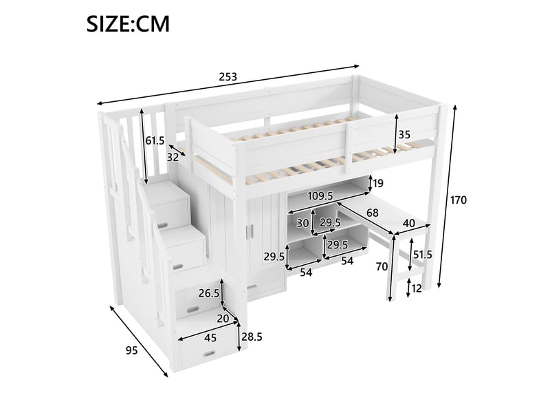  Lit mezzanine 90x200 cm – lit enfant gain de place avec bureau escalier rangement penderie et 1 tiroir – bois de pin – blanc CozyNest - Conforama D