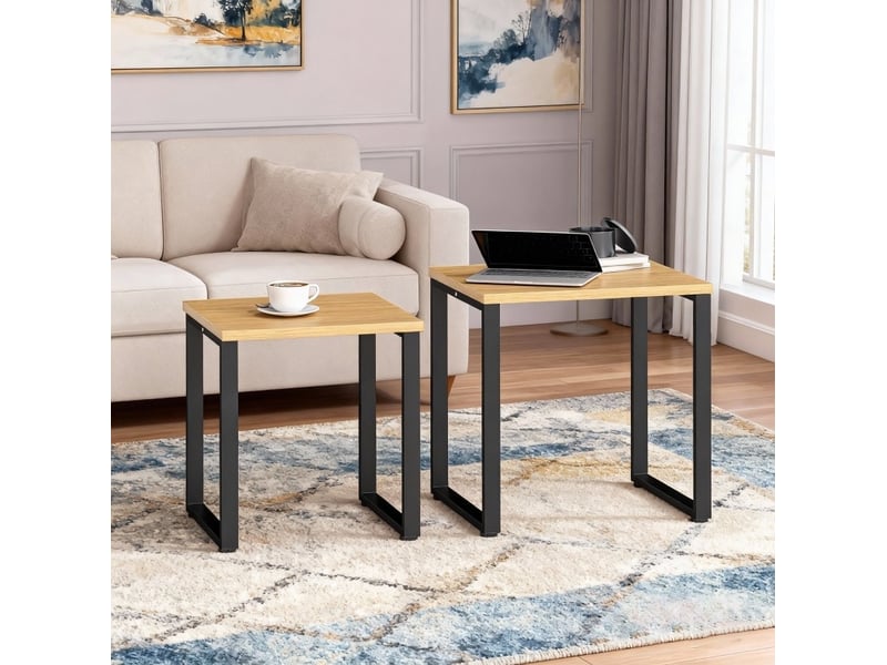 Tables basses gigognes 2 pièces avec pieds métalliques en panneau mélaminé, finition bois naturel, pour salon - Conforama B