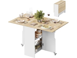 Table de salle à manger pliante, 3 formes possibles, en bois d'ingénierie, à roulettes avec freins, chêne clair