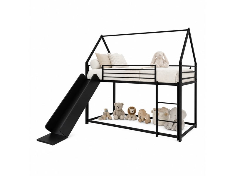 Lit enfant 90x190 cm en forme de maison avec toboggan et escalier, en fer noir - Conforama A