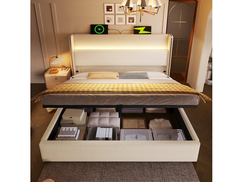 Lit coffre 180x200cm, led intégré, ports de charge, espace de rangement caché, lin, bois, métal, beige, matelas inclus, lit adulte - Conforama D