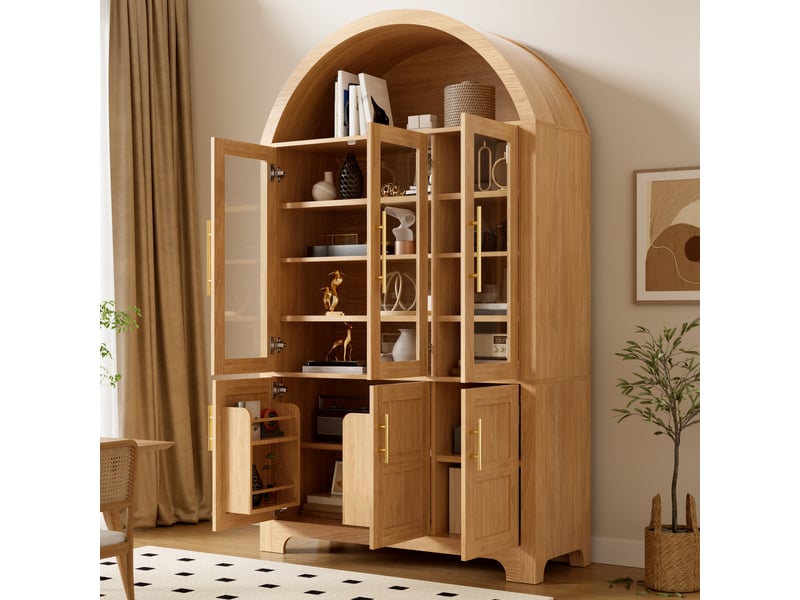 Buffet haut 110x40x185cm, 3 vitrines en verre, 3 compartiments fermés, étagères réglables, niche arrondie, mdf et panneaux de particules, naturel ABC - Conforama E