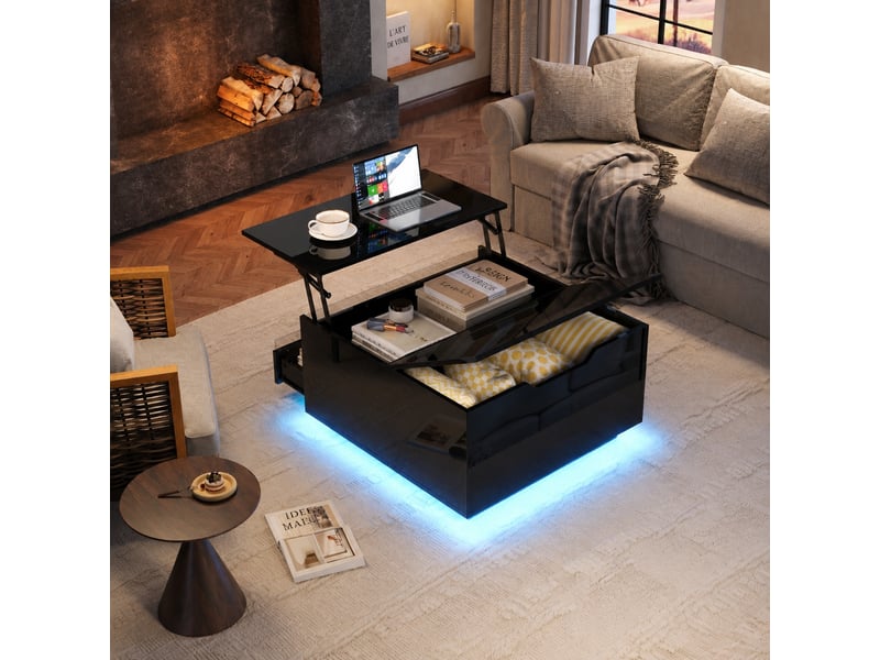  Table basse relevable noire avec led, rangement caché, tiroir, 70 x 70 x 38 cm  - Conforama C