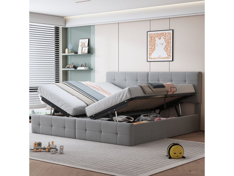 Lit coffre 180x200 cm en velours gris avec grand espace rangement - lit rembourré - sommier hydraulique robuste et moderne - Conforama D