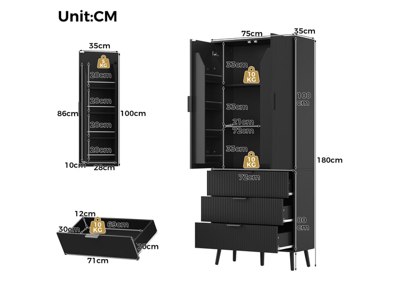  Armoire de cuisine 75x35x180 cm noire avec 2 portes et 3 tiroirs  - Conforama C