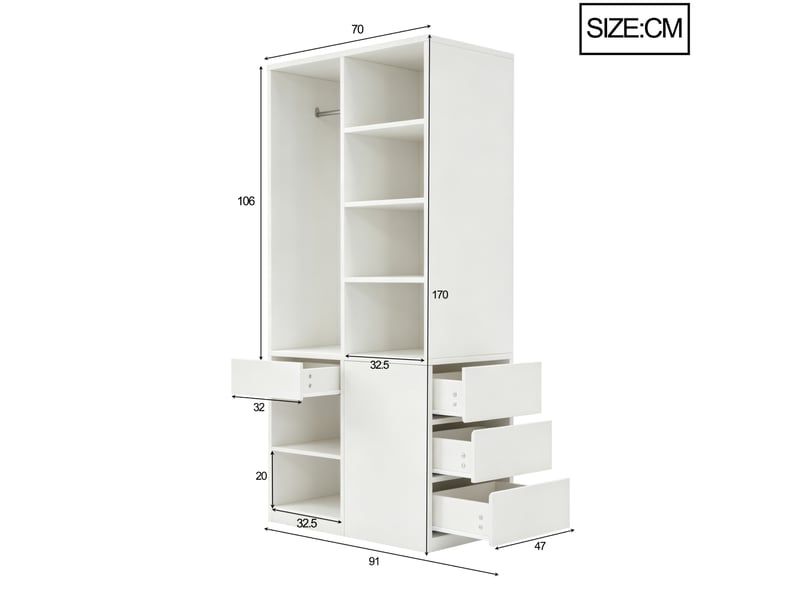  Armoire de rangement 70 x 50 x 170 cm – blanche – penderie, étagères ouvertes et 4 tiroirs pratiques  - Conforama C