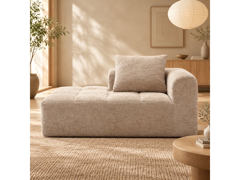 Méridienne en chenille avec coussin et poches latérales, assise rembourrée pour salon, kaki, 158 × 90 × 60 cm - Conforama C